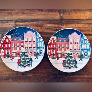 Festive Holiday Salad Plates with Red and Blue Village Scene